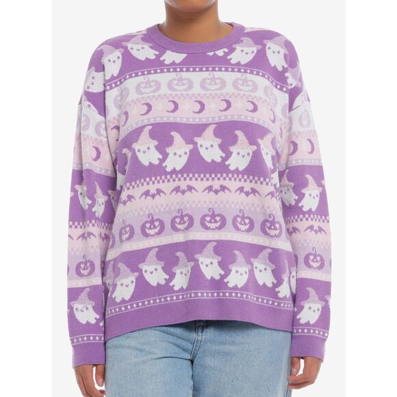 Sweet Society NWT Junior Small Pastel Ghosts & Jack-O-Lanterns Fair Isle Sweater - Picture 1 of 10
